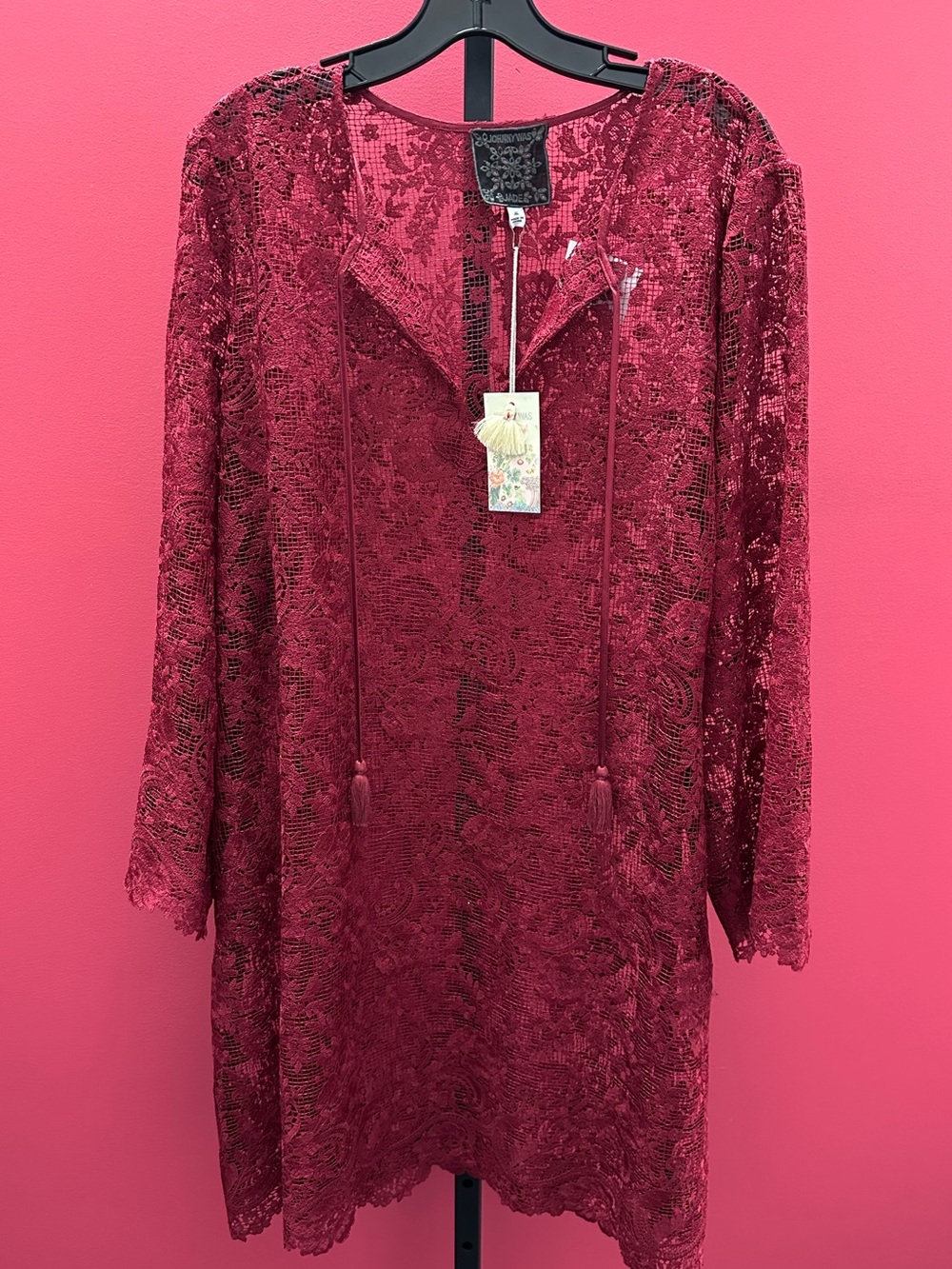 Johnny Was Burgundy Wine 🍷 Red Lace Tunic/Dress with Tassel Tie NWT